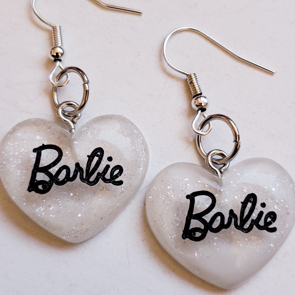 Handmade White Glitter Resin Heart Barbie Earrings